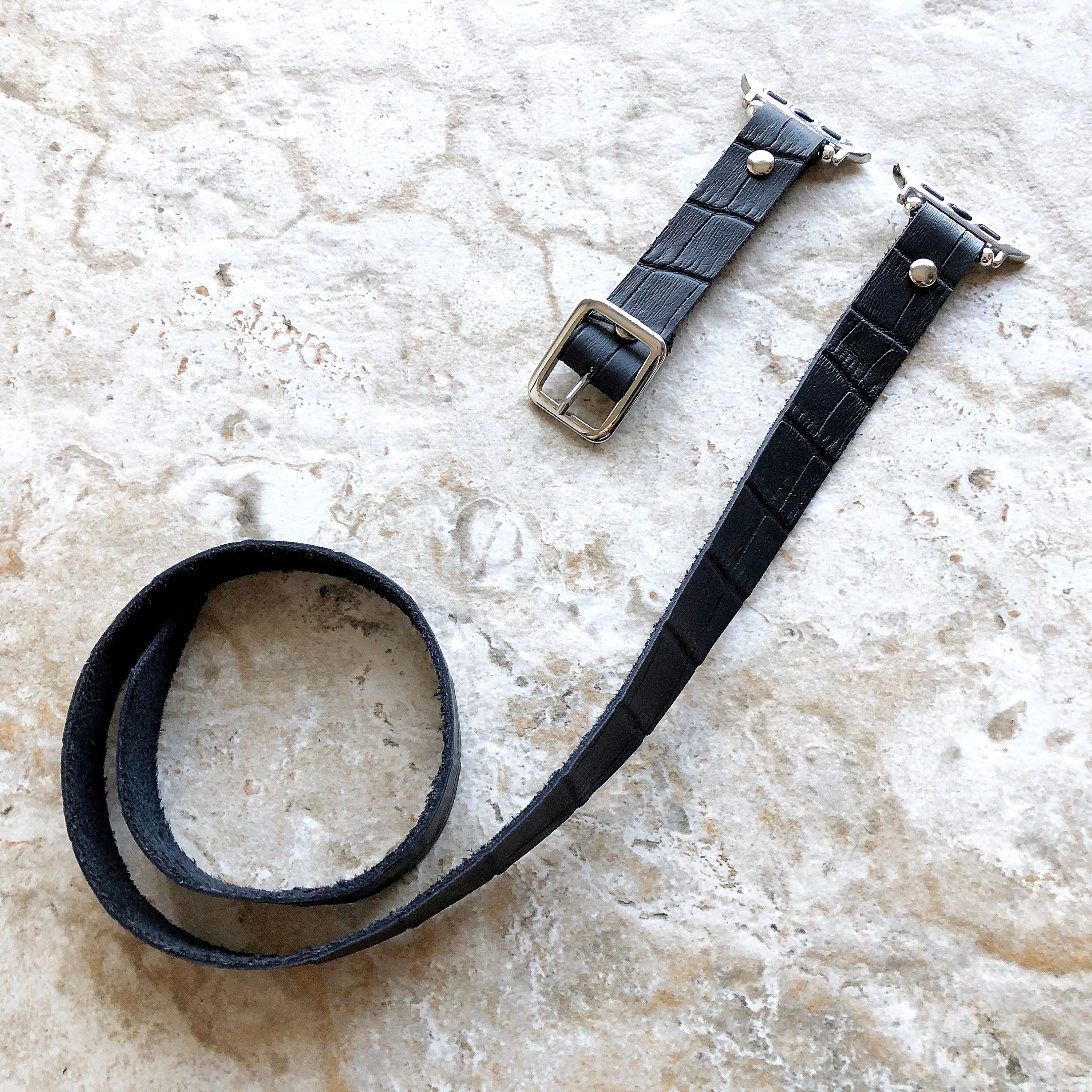 Apple Watch Ultra 2 9 8 7 SE 6 5 4 3 2 Case 38 40 41 42mm 44mm 45mm 49mm Black Crocodile Alligator Pattern Embossed Leather Band Triple Wrap